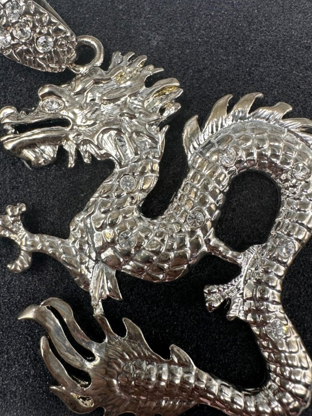 Mens Dragon Necklace Pendant Silver Tone Rhinestone Iced Out Hip Hop Jewelry